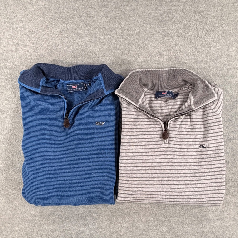 Lot 2 Vineyard Vines Quarter Zip Sweater Men Small Blue Grey Striped preppy golf